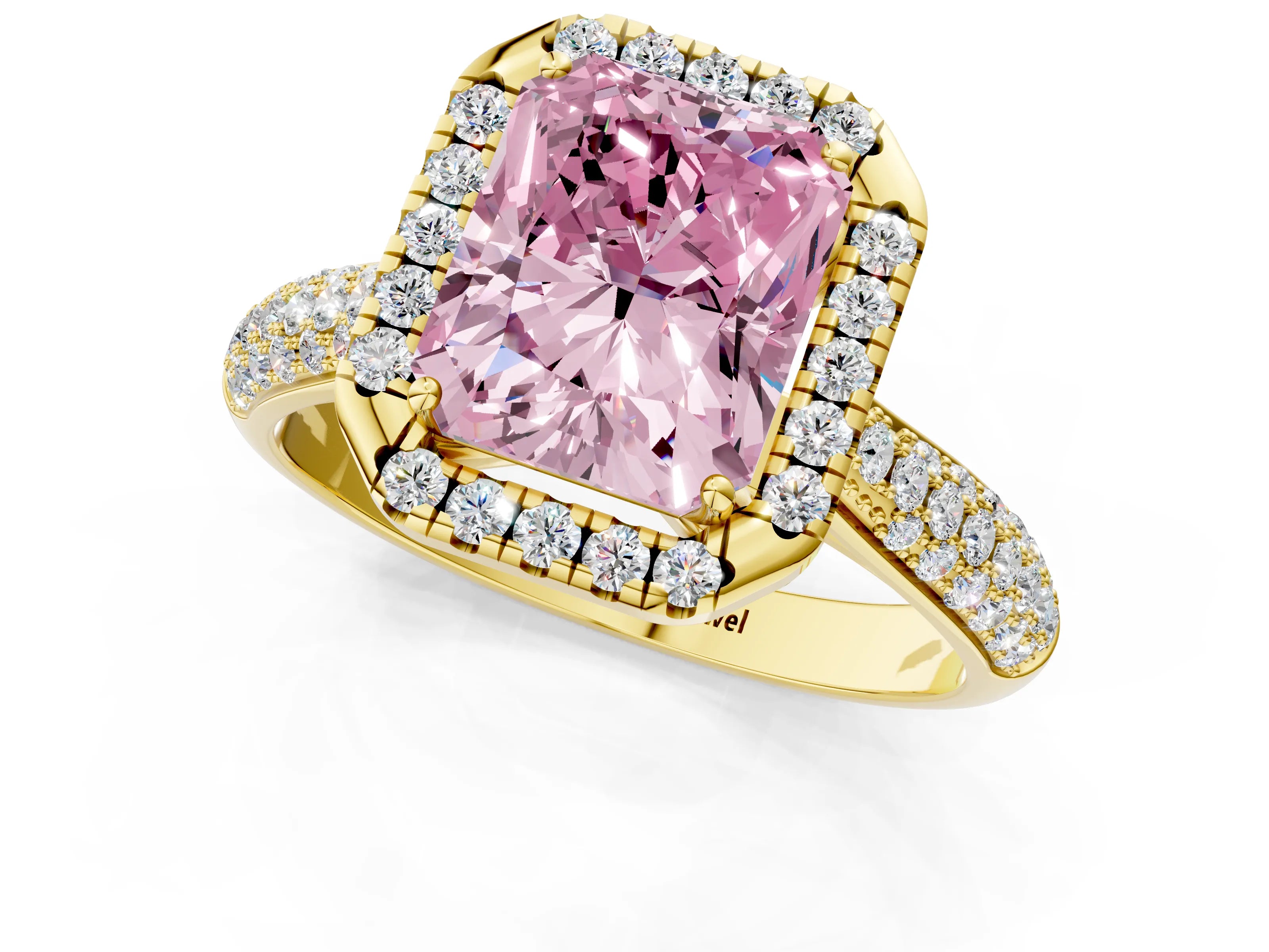 Yellow gold Fancy Pink Radiant Cut Halo Diamond Ring with Pavé Band_1
