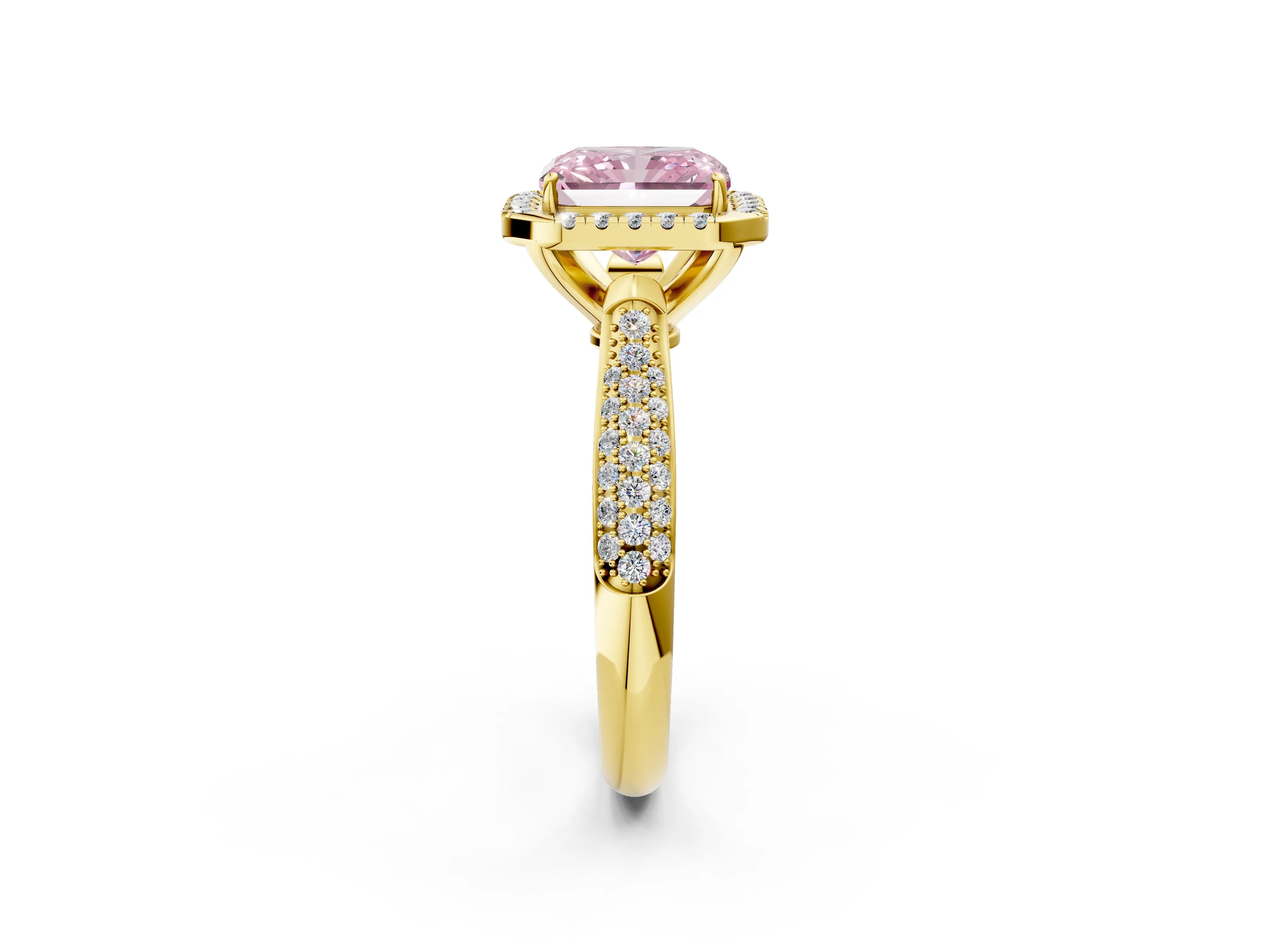 Yellow gold Fancy Pink Radiant Cut Halo Diamond Ring with Pavé Band_2