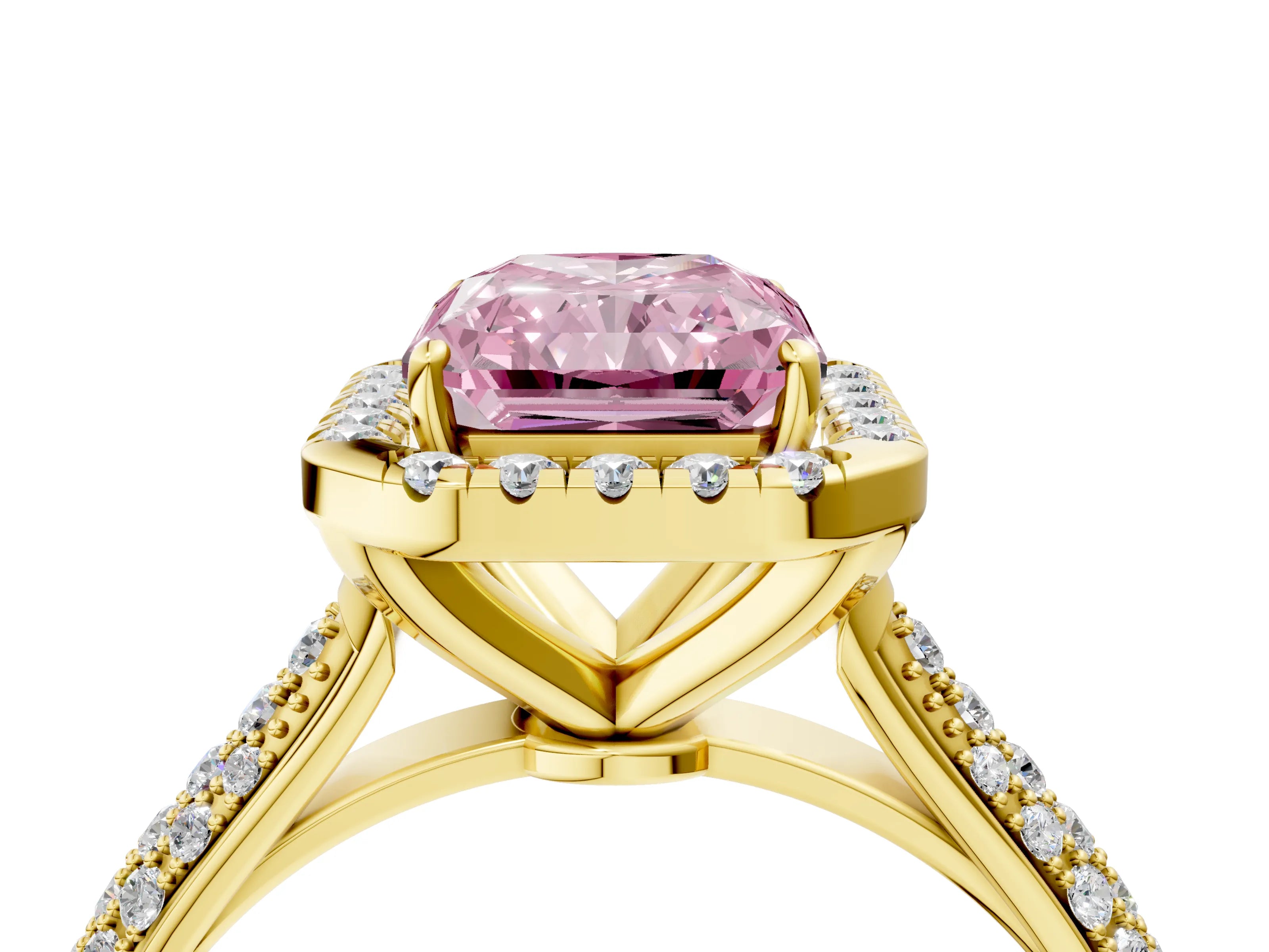 Yellow gold Fancy Pink Radiant Cut Halo Diamond Ring with Pavé Band_4