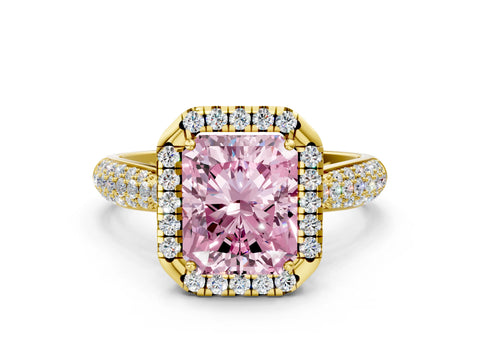 Yellow gold Fancy Pink Radiant Cut Halo Diamond Ring with Pavé Band