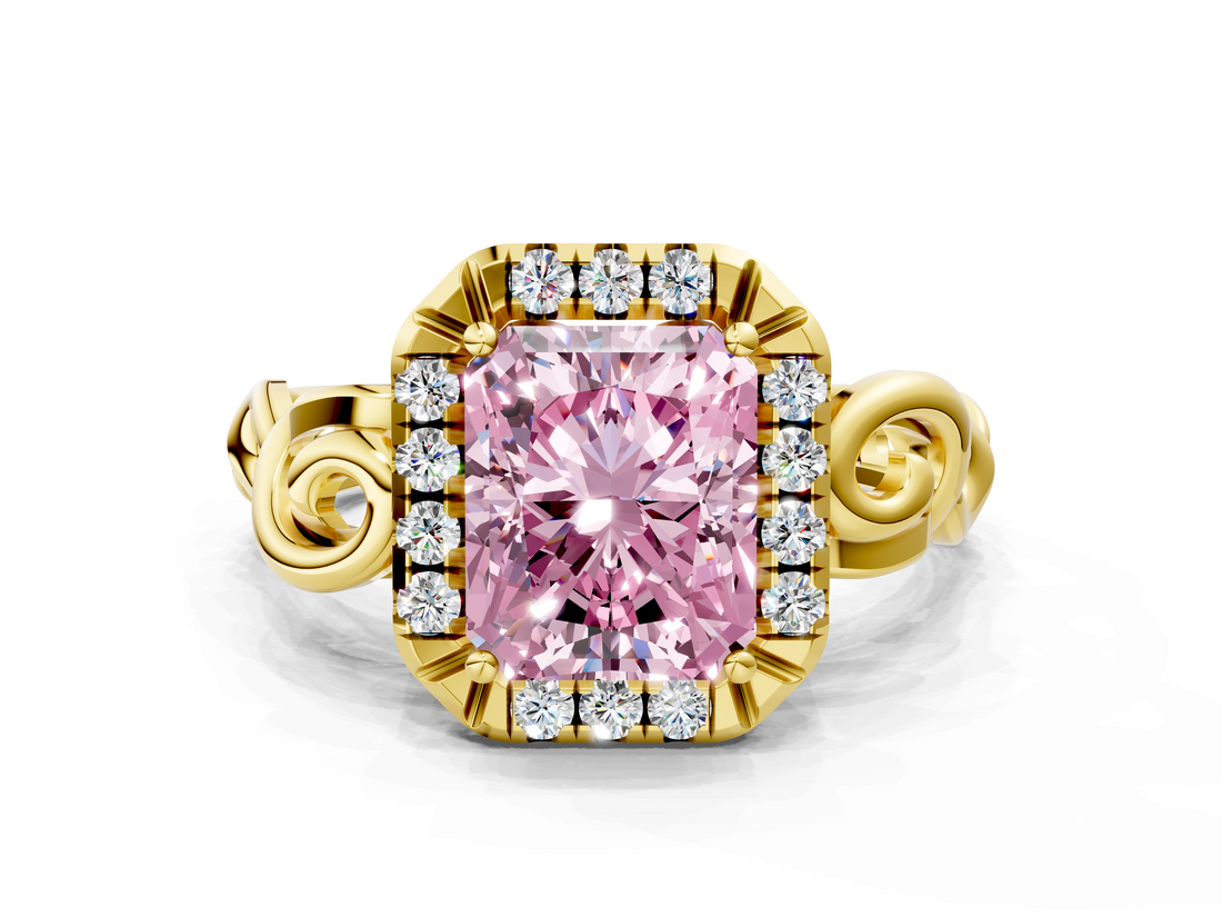 Yellow gold Fancy Pink Radiant  Cut Halo Diamond Ring with Scrollwork Band and Four-Prong Setting_56