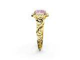 Yellow gold Fancy Pink Radiant  Cut Halo Diamond Ring with Scrollwork Band and Four-Prong Setting_58