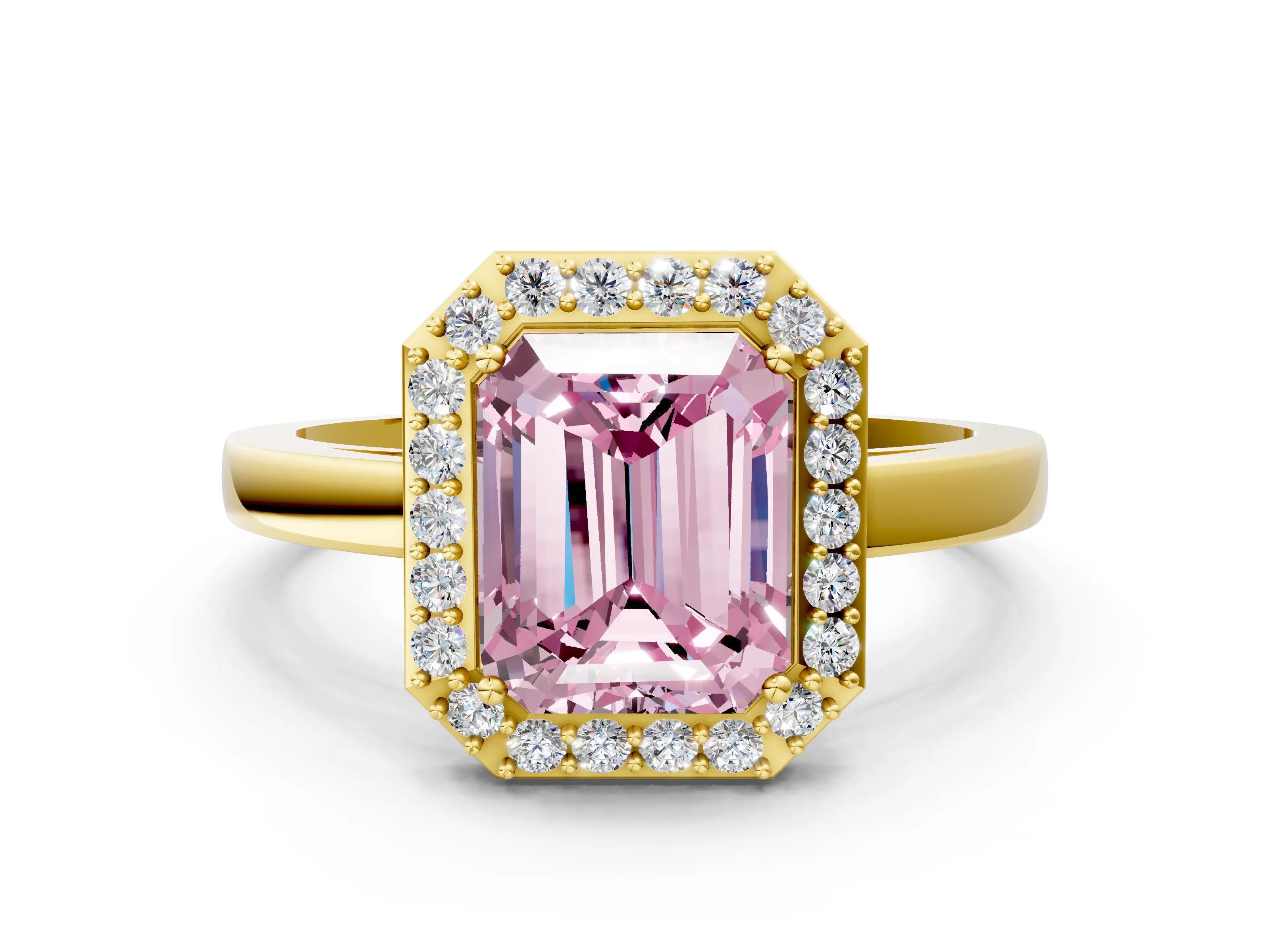 Yellow gold Fancy Pink Radiant Cut Halo Diamond Ring with Solitaire Band and Prong Setting