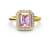 Yellow gold Fancy Pink Radiant Cut Halo Diamond Ring with Solitaire Band and Prong Setting