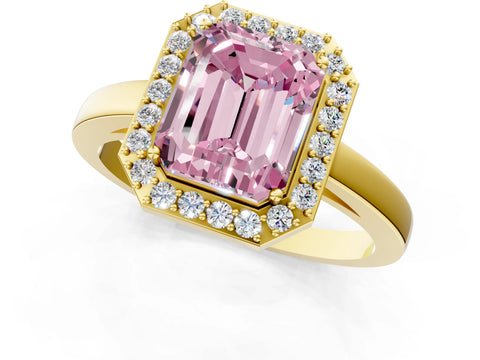 Yellow gold Fancy Pink Radiant Cut Halo Diamond Ring with Solitaire Band and Prong Setting_1