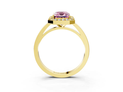 Yellow gold Fancy Pink Radiant Cut Halo Diamond Ring with Solitaire Band and Prong Setting_3