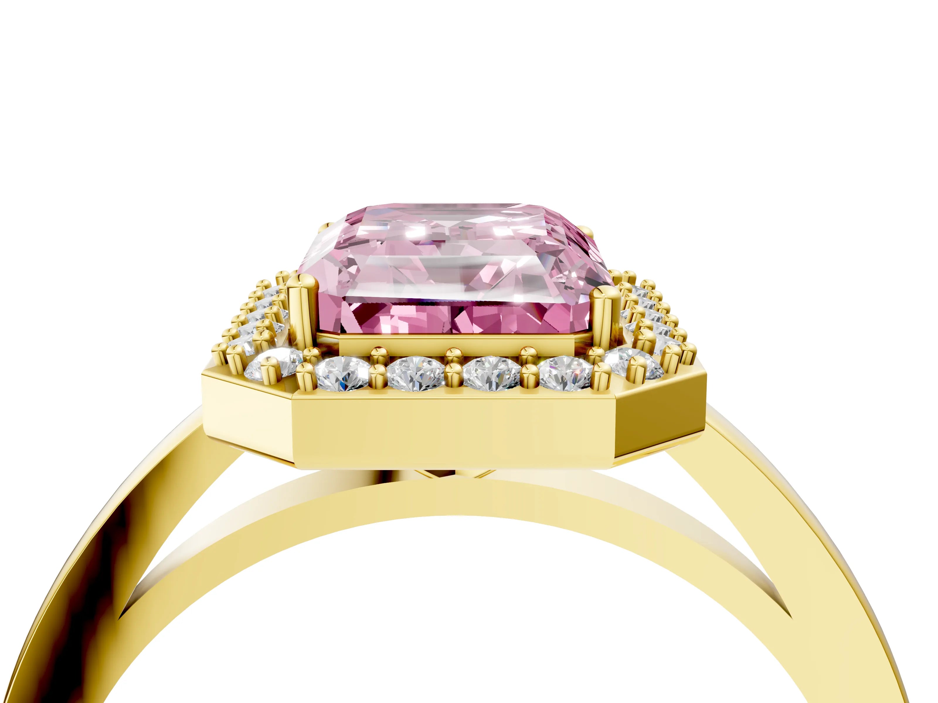 Yellow gold Fancy Pink Radiant Cut Halo Diamond Ring with Solitaire Band and Prong Setting_4