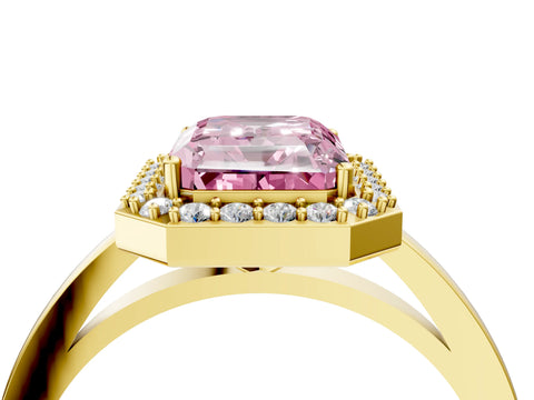 Yellow gold Fancy Pink Radiant Cut Halo Diamond Ring with Solitaire Band and Prong Setting_4