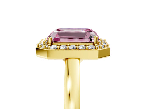 Yellow gold Fancy Pink Radiant Cut Halo Diamond Ring with Solitaire Band and Prong Setting_5