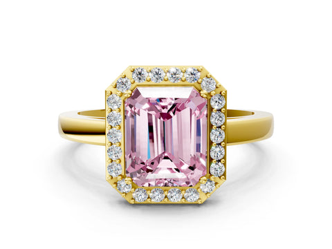 Yellow gold Fancy Pink Radiant Cut Halo Diamond Ring with Solitaire Band and Prong Setting