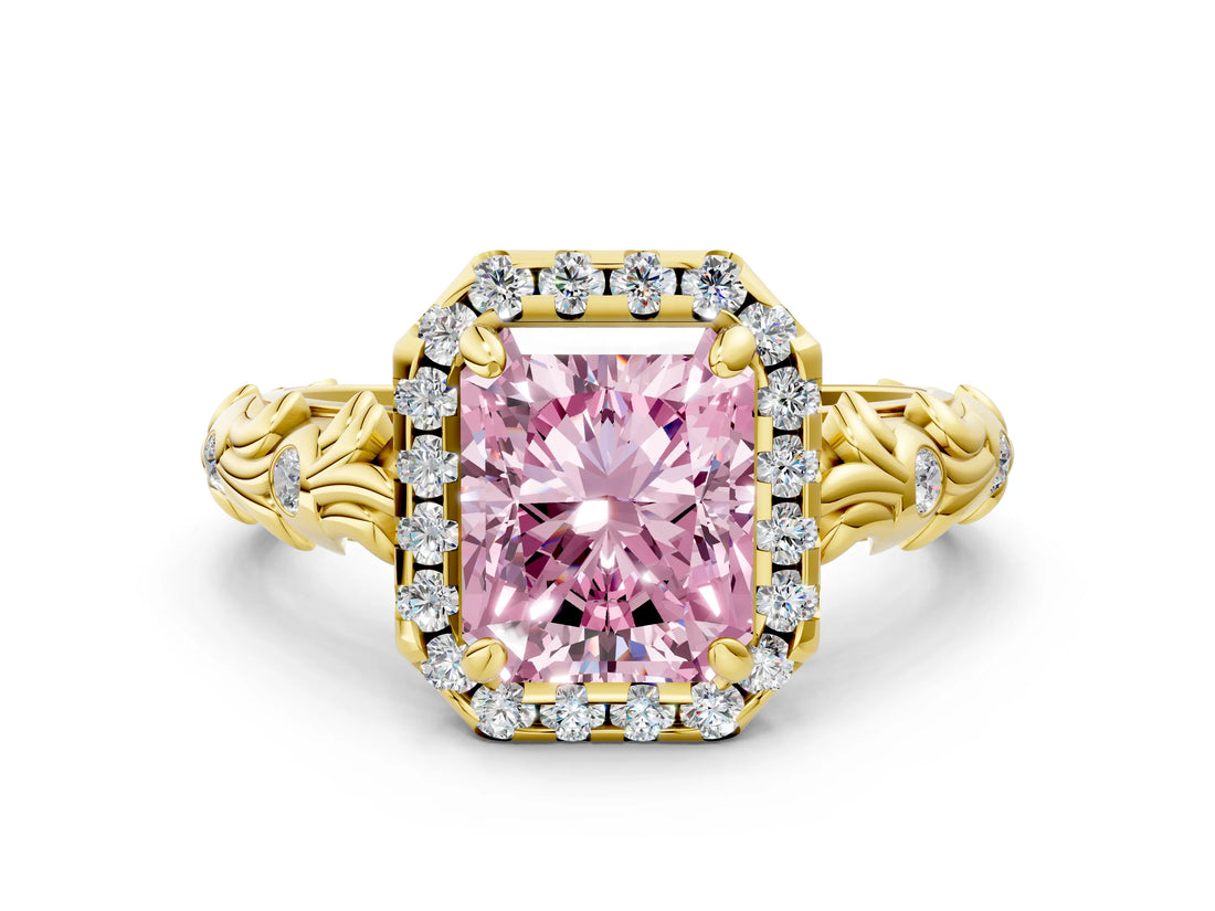 Yellow gold Fancy Pink Radiant Cut Halo Diamond Solitaire with Filigree Band and Four-Prong Setting