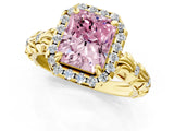 Yellow gold Fancy Pink Radiant Cut Halo Diamond Solitaire with Filigree Band and Four-Prong Setting_1