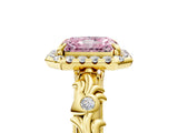 Yellow gold Fancy Pink Radiant Cut Halo Diamond Solitaire with Filigree Band and Four-Prong Setting_5