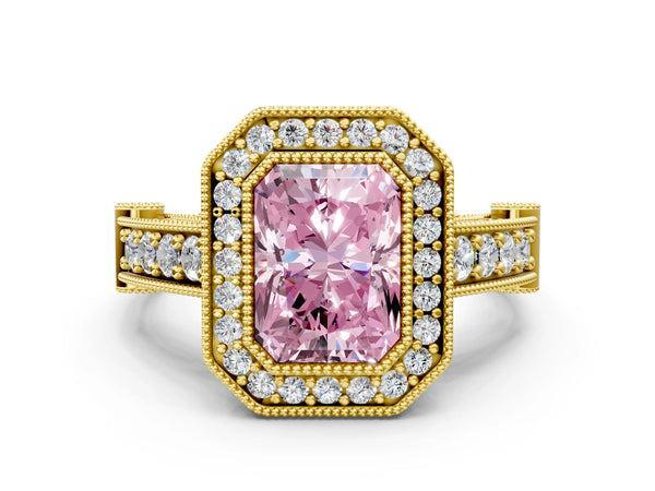 Yellow Gold Radiant Cut Vintage Bezel Halo Engagement Ring Setting for Fancy Pink Center