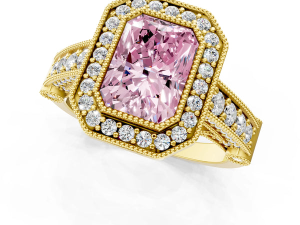 Yellow Gold Radiant Cut Vintage Bezel Halo Engagement Ring Setting for Fancy Pink Center