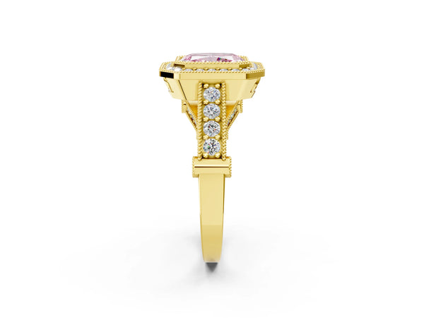 Yellow Gold Radiant Cut Vintage Bezel Halo Engagement Ring Setting for Fancy Pink Center