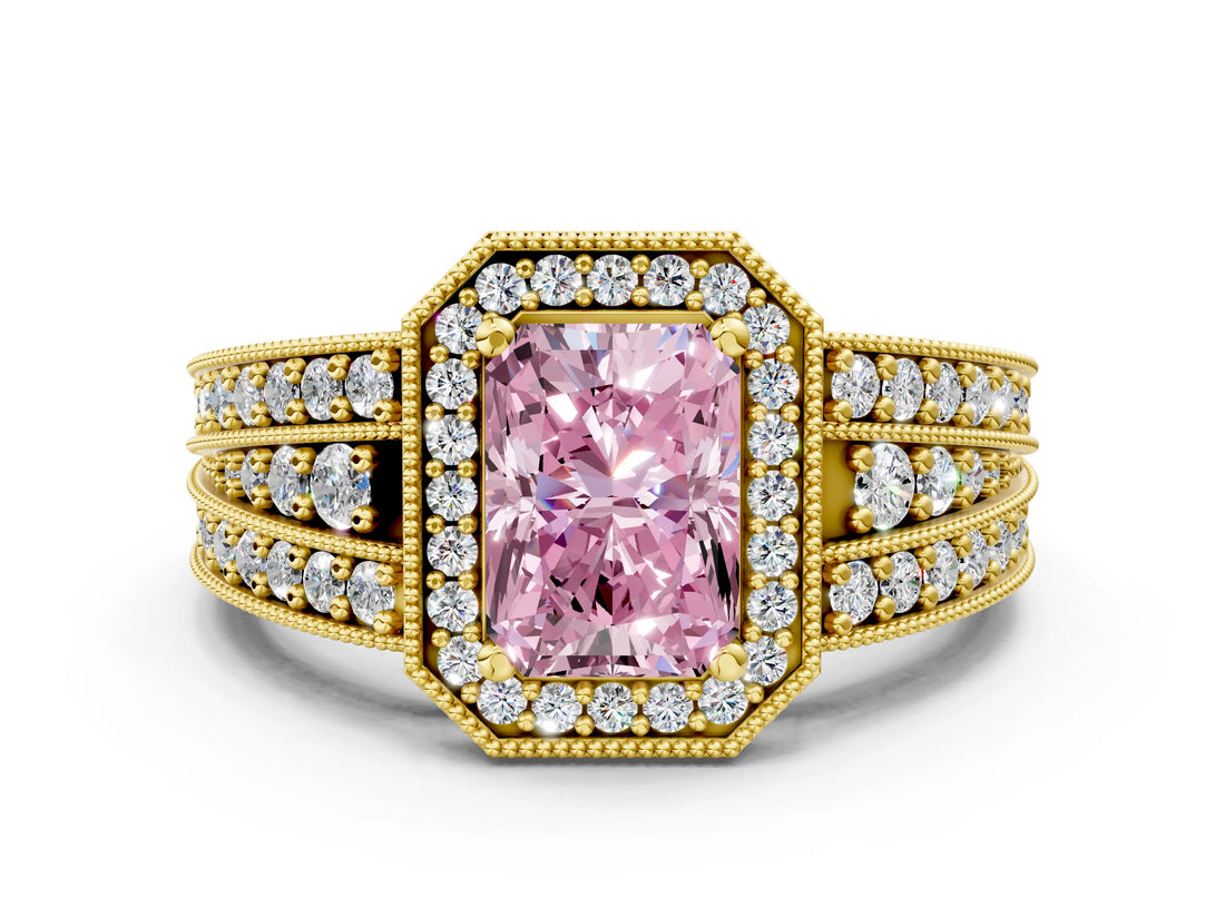 Yellow gold Fancy Pink Radiant Cut Halo Diamond Split Shank Ring with Prong Setting