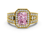 Yellow gold Fancy Pink Radiant Cut Halo Diamond Split Shank Ring with Prong Setting