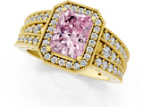 Yellow gold Fancy Pink Radiant Cut Halo Diamond Split Shank Ring with Prong Setting_1
