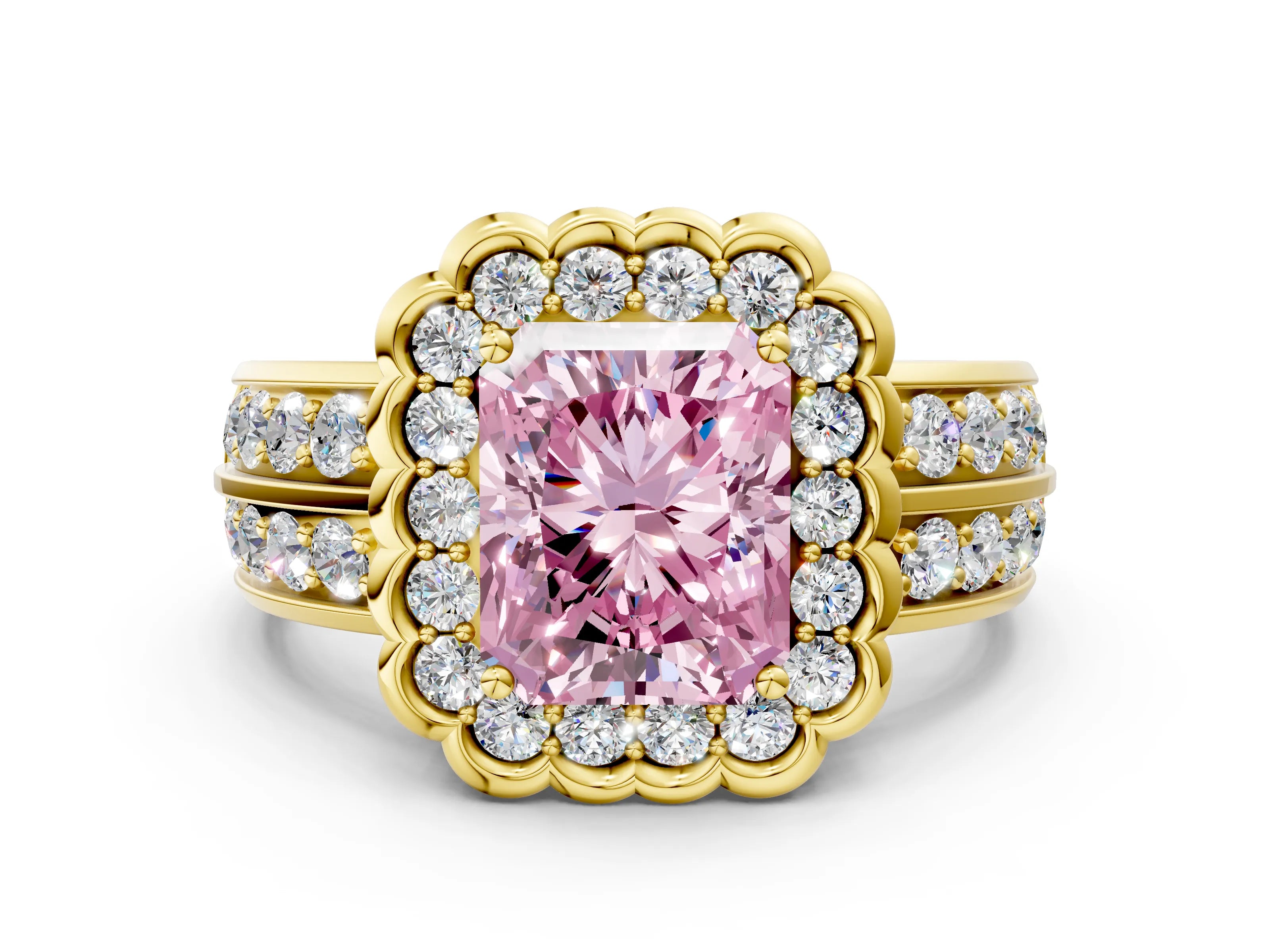 Yellow gold Fancy Pink Radiant Cut Halo Diamond Split Shank Ring with Scalloped Prong Setting