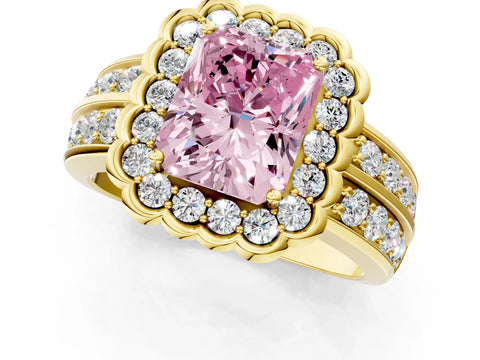 Yellow gold Fancy Pink Radiant Cut Halo Diamond Split Shank Ring with Scalloped Prong Setting_1