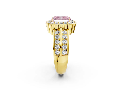 Yellow gold Fancy Pink Radiant Cut Halo Diamond Split Shank Ring with Scalloped Prong Setting_2