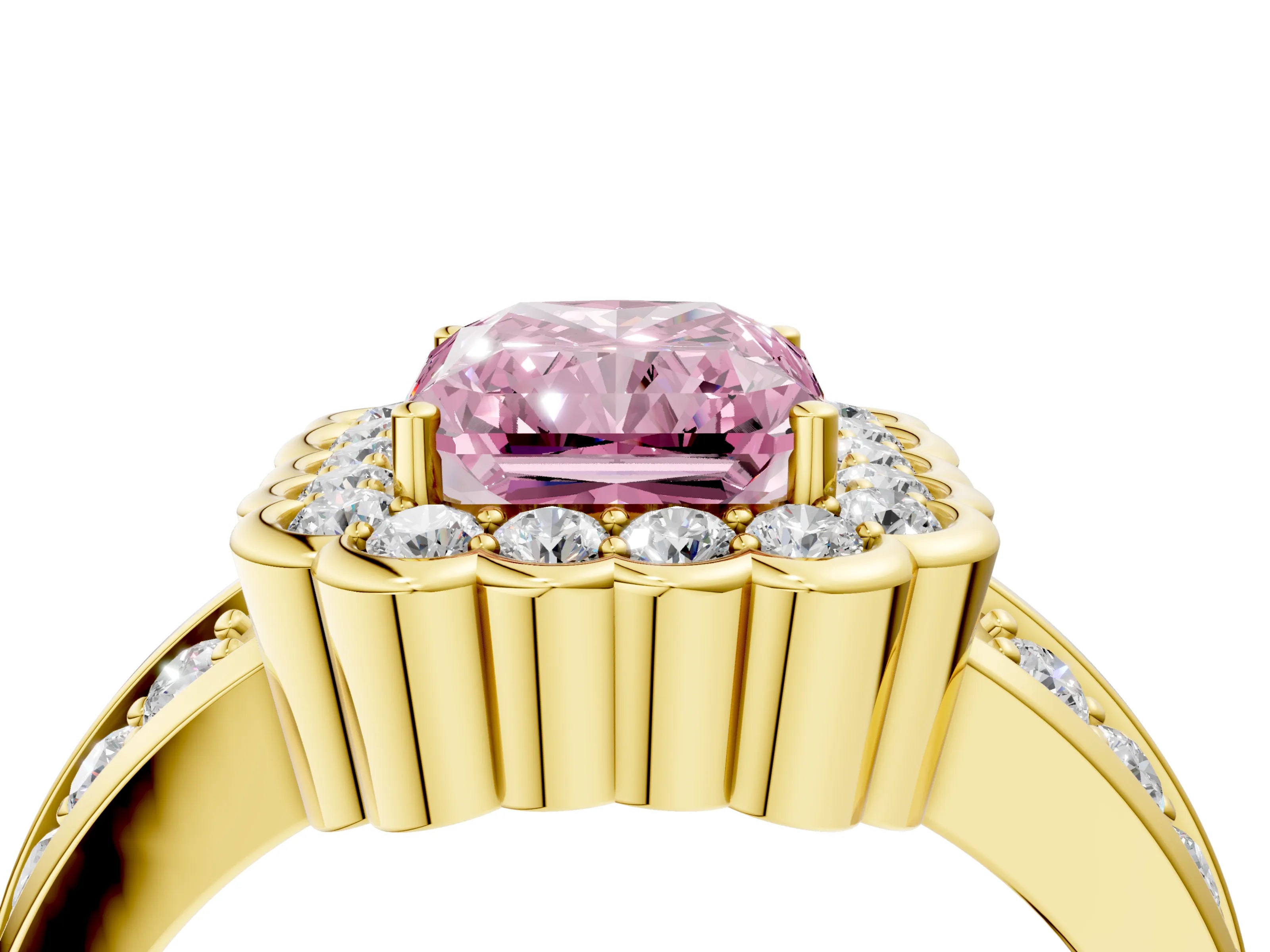 Yellow gold Fancy Pink Radiant Cut Halo Diamond Split Shank Ring with Scalloped Prong Setting_4