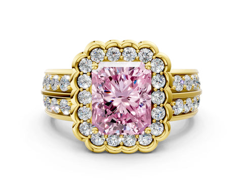 Yellow gold Fancy Pink Radiant Cut Halo Diamond Split Shank Ring with Scalloped Prong Setting