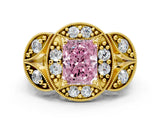 Yellow gold Fancy Pink Radiant Cut Halo Milgrain Diamond Engagement Ring with Leaf Band and Four-Prong Setting