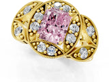 Yellow gold Fancy Pink Radiant Cut Halo Milgrain Diamond Engagement Ring with Leaf Band and Four-Prong Setting_1