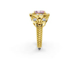 Yellow gold Fancy Pink Radiant Cut Halo Milgrain Diamond Engagement Ring with Leaf Band and Four-Prong Setting_2