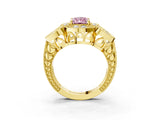 Yellow gold Fancy Pink Radiant Cut Halo Milgrain Diamond Engagement Ring with Leaf Band and Four-Prong Setting_3