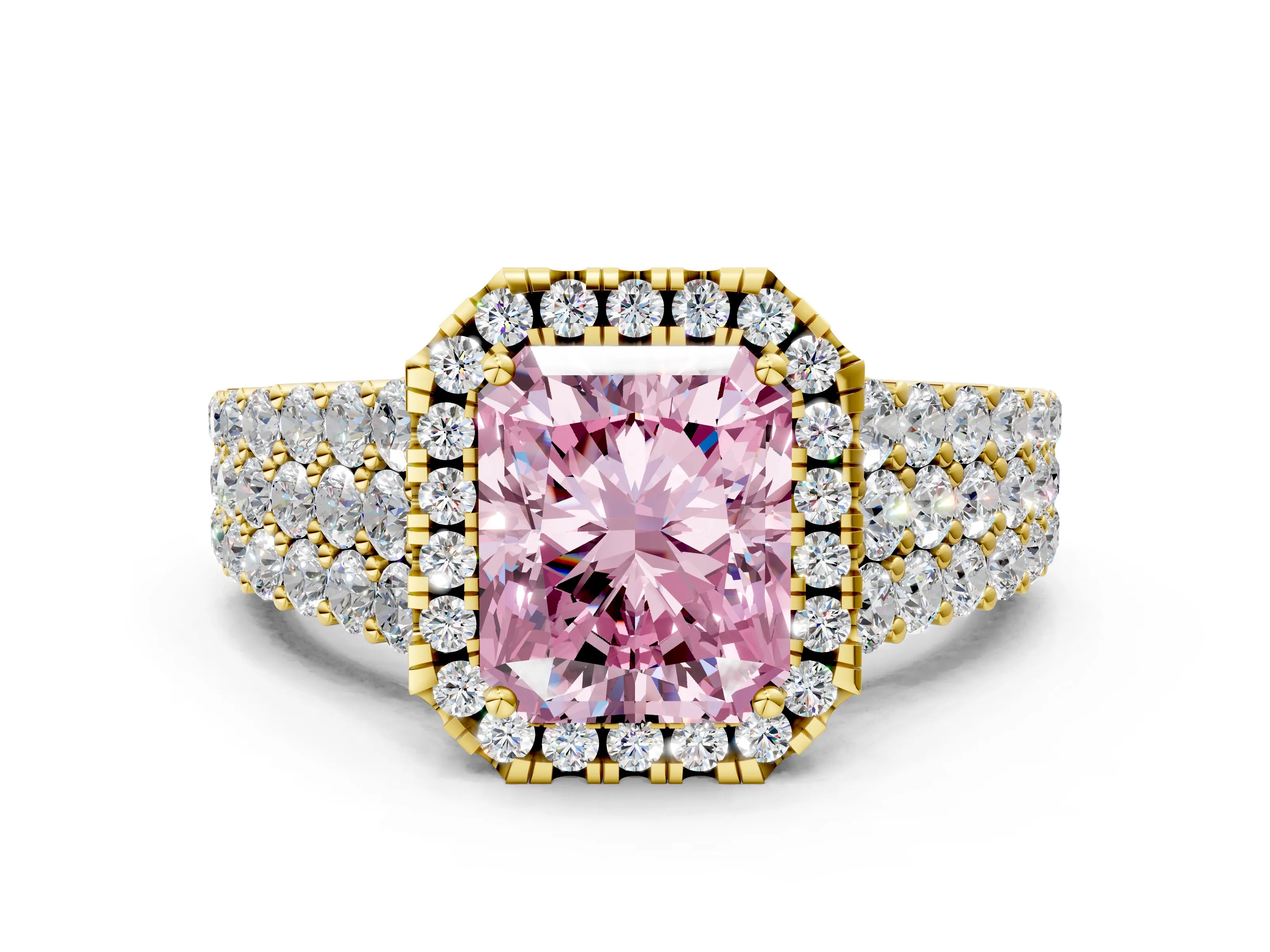 Yellow gold Fancy Pink Radiant Cut Halo Pavé Diamond Engagement Ring with Split Shank and Four-Prong Setting_3