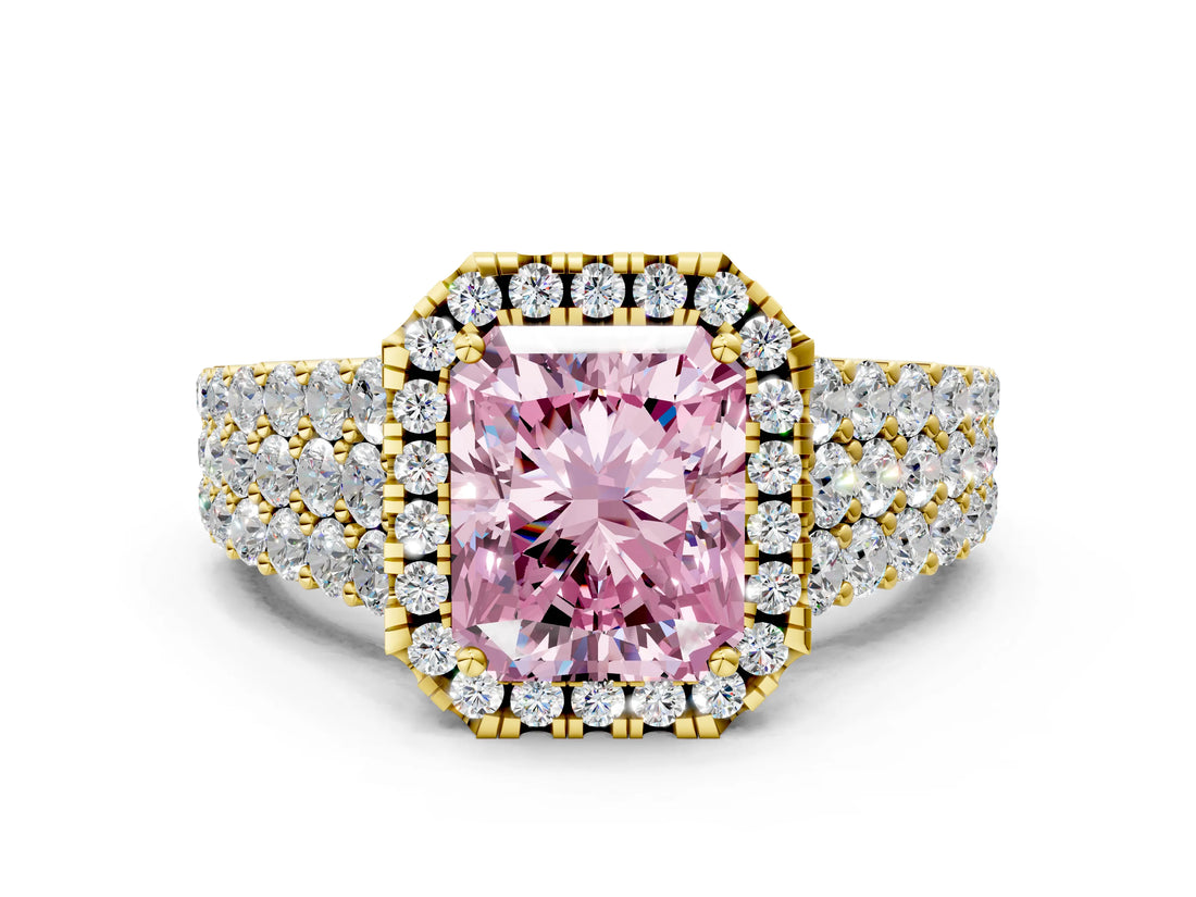 Yellow gold Fancy Pink Radiant Cut Halo Pavé Diamond Engagement Ring with Split Shank and Four-Prong Setting_3