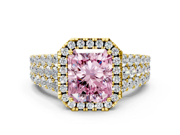 Yellow gold Fancy Pink Radiant Cut Halo Pavé Diamond Engagement Ring with Split Shank and Four-Prong Setting