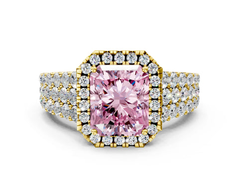 Yellow gold Fancy Pink Radiant Cut Halo Pavé Diamond Engagement Ring with Split Shank and Four-Prong Setting_3