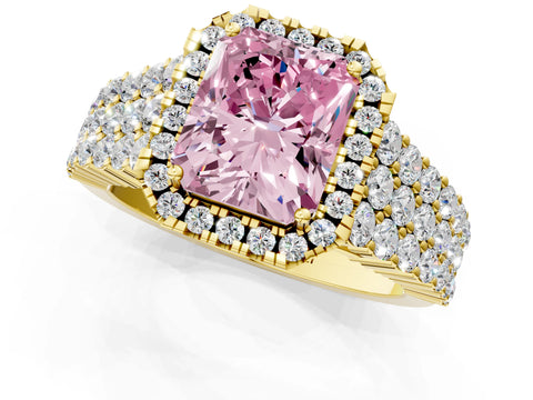 Yellow gold Fancy Pink Radiant Cut Halo Pavé Diamond Engagement Ring with Split Shank and Four-Prong Setting_4