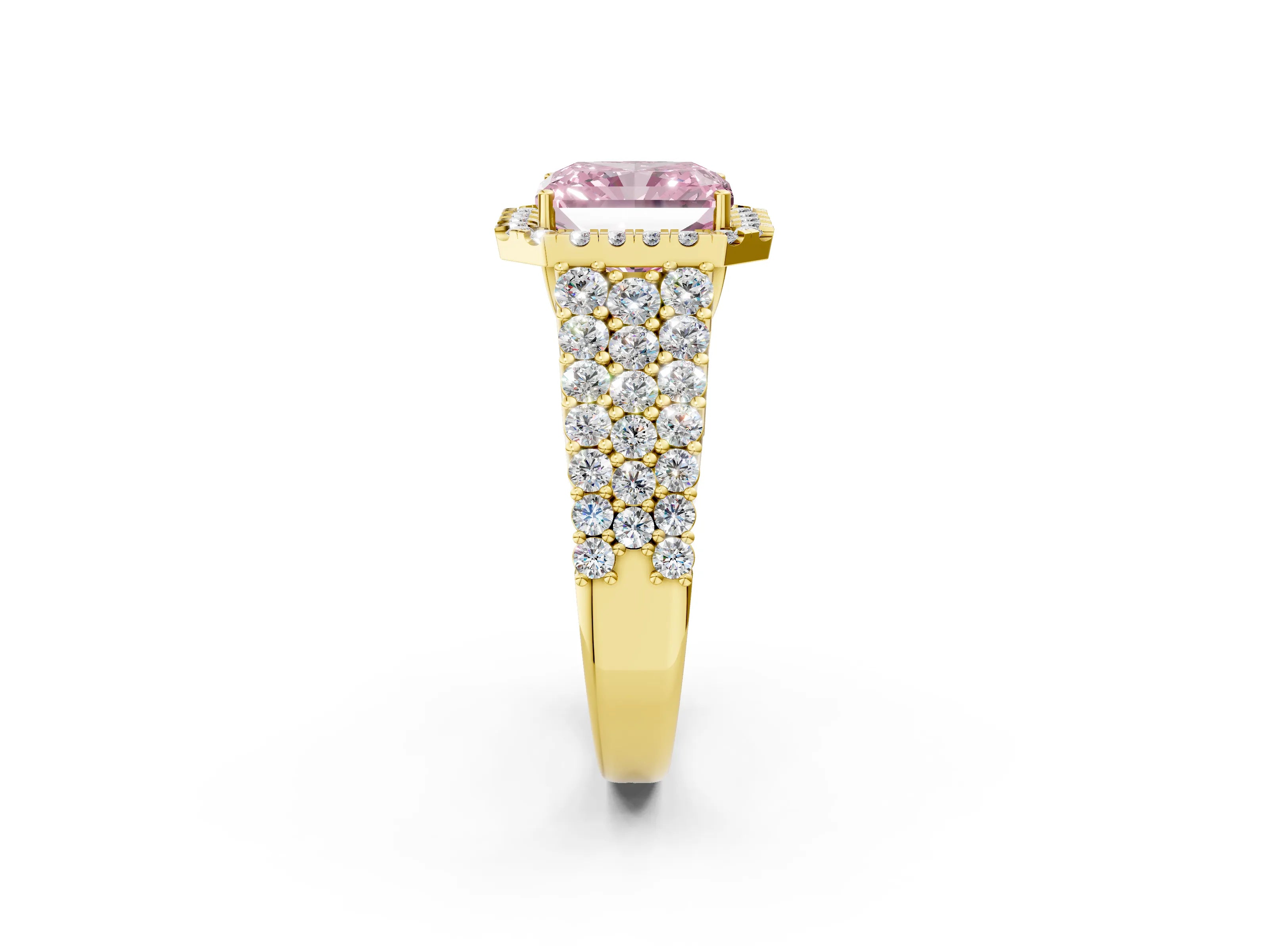Yellow gold Fancy Pink Radiant Cut Halo Pavé Diamond Engagement Ring with Split Shank and Four-Prong Setting_5