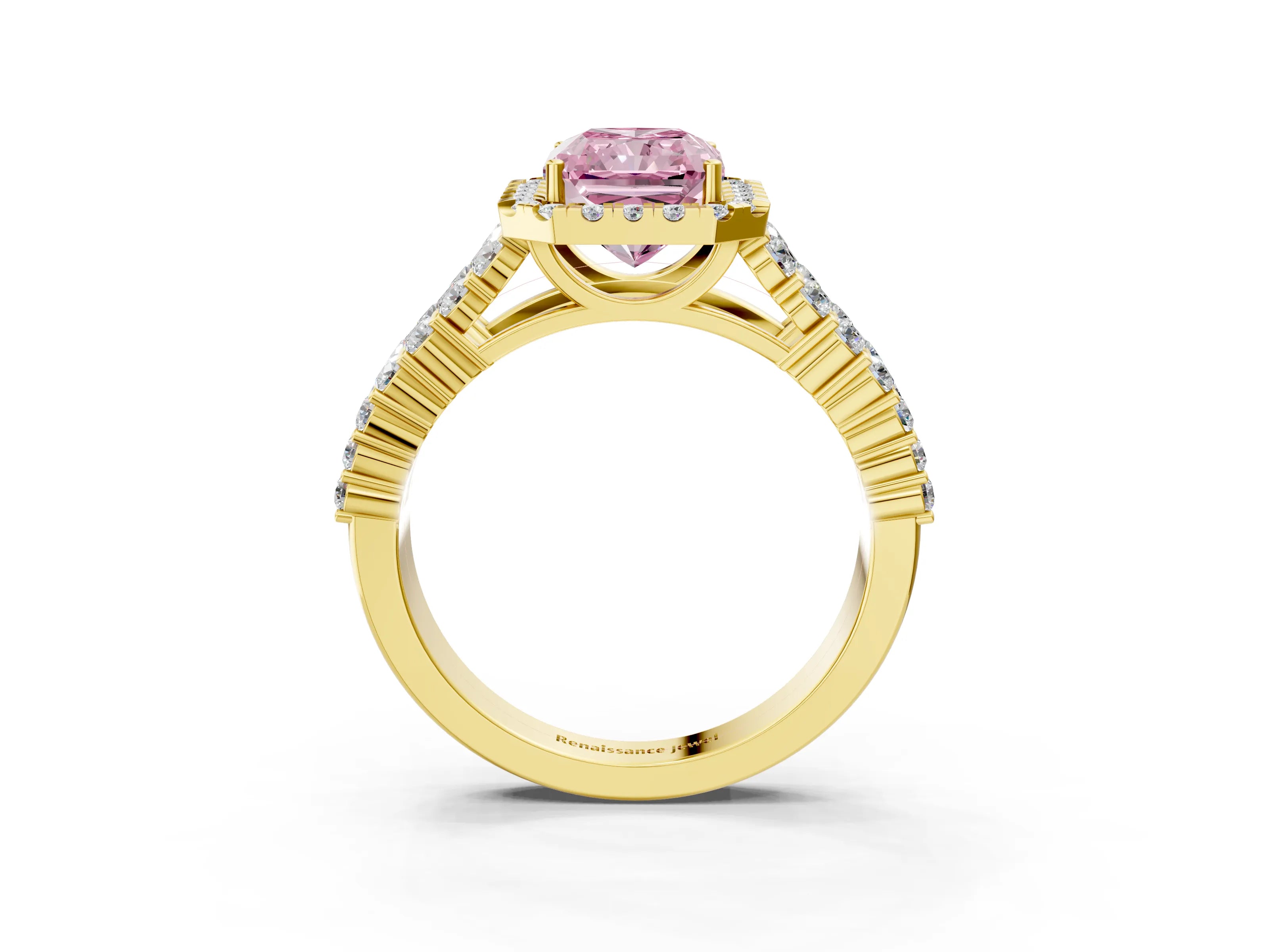 Yellow gold Fancy Pink Radiant Cut Halo Pavé Diamond Engagement Ring with Split Shank and Four-Prong Setting_6