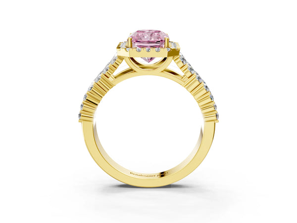 Yellow gold Fancy Pink Radiant Cut Halo Pavé Diamond Engagement Ring with Split Shank and Four-Prong Setting