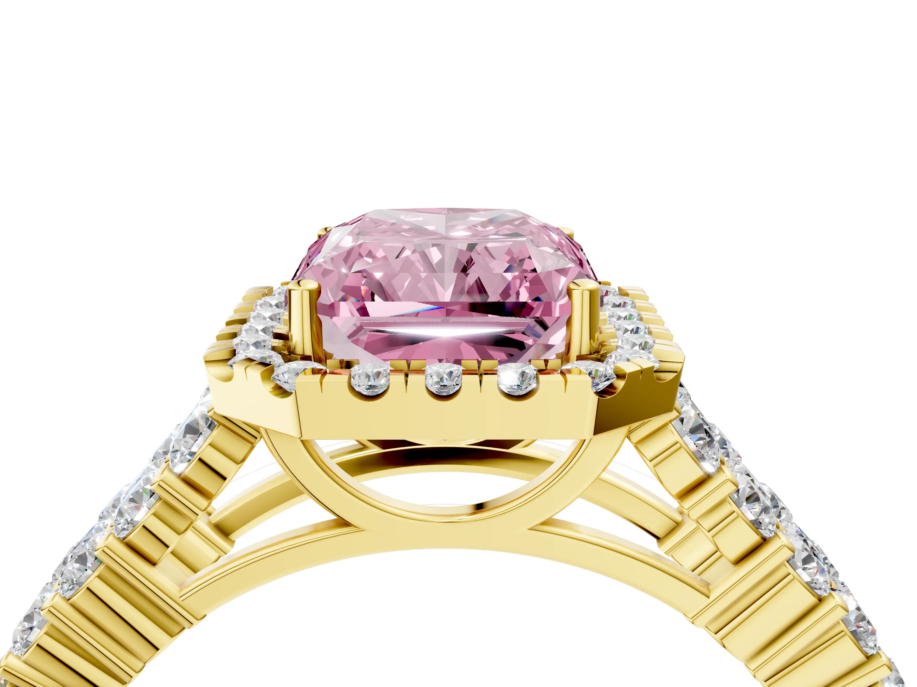 Yellow gold Fancy Pink Radiant Cut Halo Pavé Diamond Engagement Ring with Split Shank and Four-Prong Setting_7