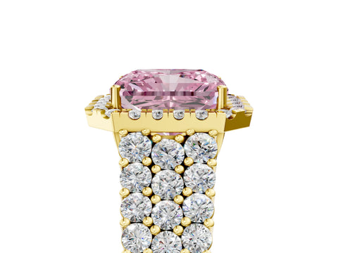 Yellow gold Fancy Pink Radiant Cut Halo Pavé Diamond Engagement Ring with Split Shank and Four-Prong Setting_8