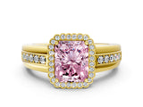Yellow gold Fancy Pink Radiant  Cut Halo Pave Band Four-Prong Ring_48