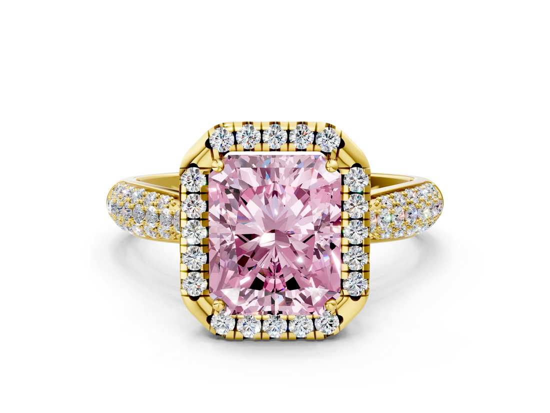 Yellow gold Fancy Pink Radiant  Cut Halo Pave Band Four-Prong Setting Ring_20