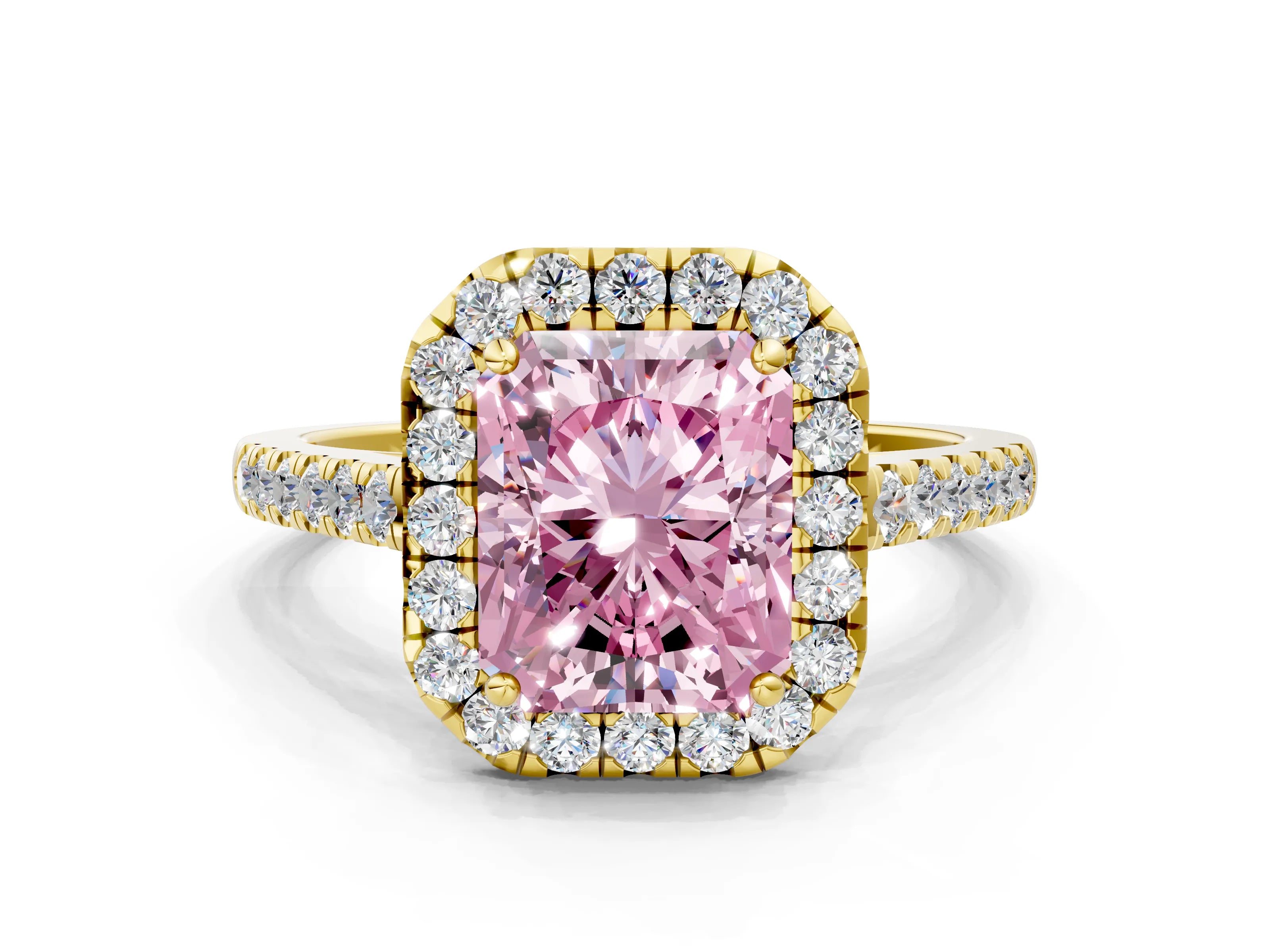 Yellow gold Fancy Pink Radiant Cut Halo Pave Diamond Engagement Ring with Four-Prong Setting
