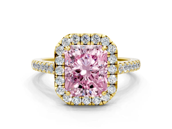 Yellow gold Fancy Pink Radiant Cut Halo Pave Diamond Engagement Ring with Four-Prong Setting