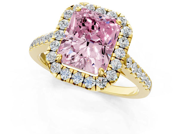 Yellow gold Fancy Pink Radiant Cut Halo Pave Diamond Engagement Ring with Four-Prong Setting