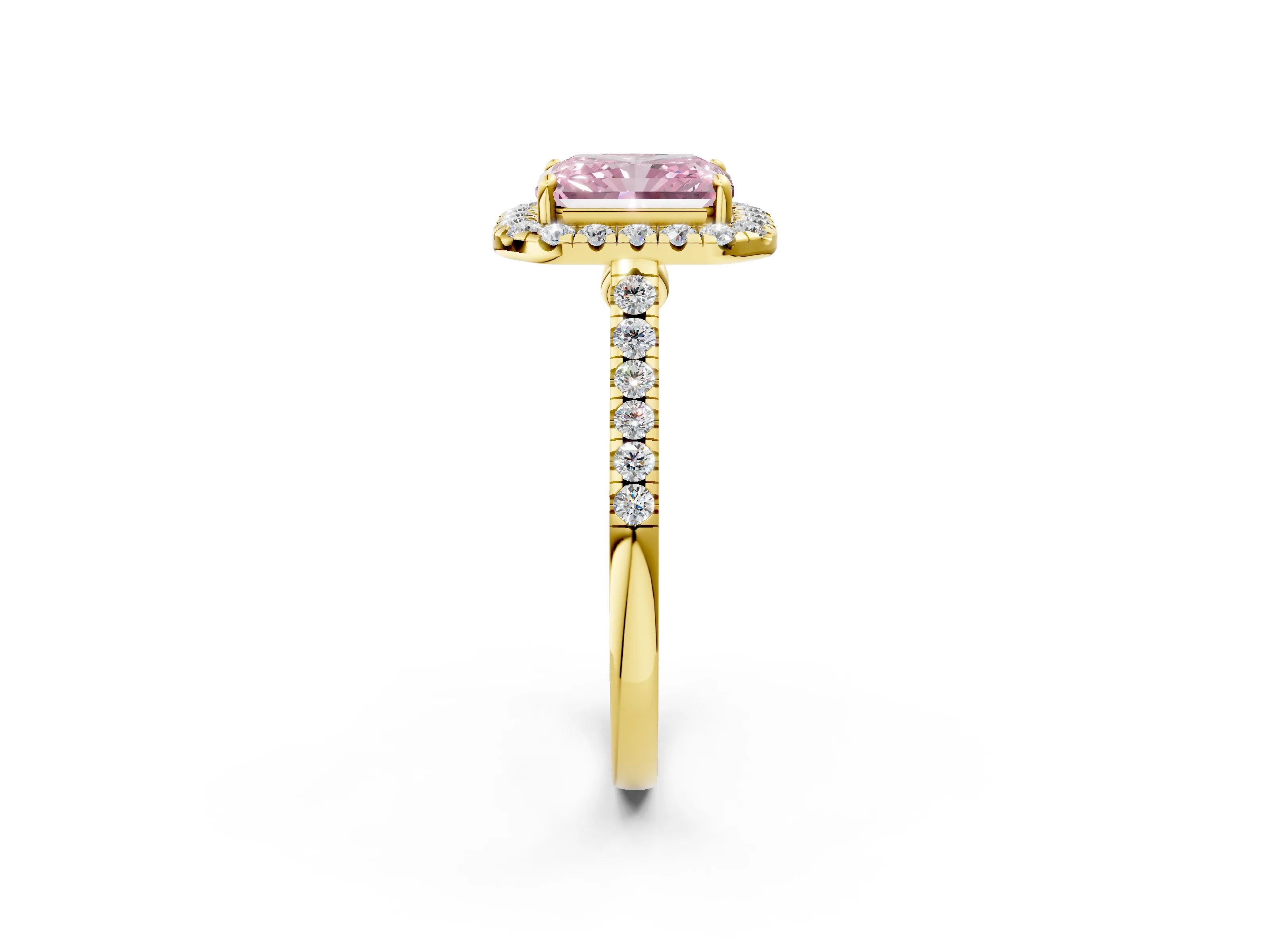 Yellow gold Fancy Pink Radiant Cut Halo Pave Diamond Engagement Ring with Four-Prong Setting_2