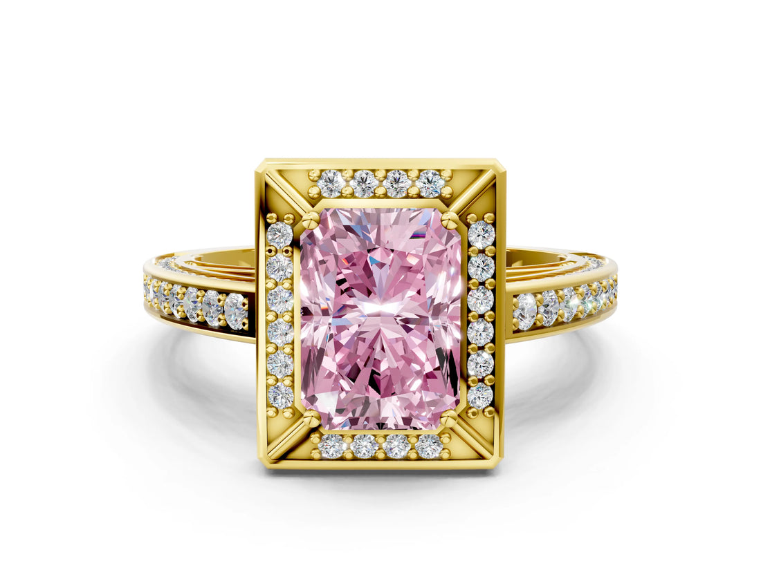 Yellow gold Fancy Pink Radiant  Cut Halo Pave Split Shank Prong Setting Ring_32