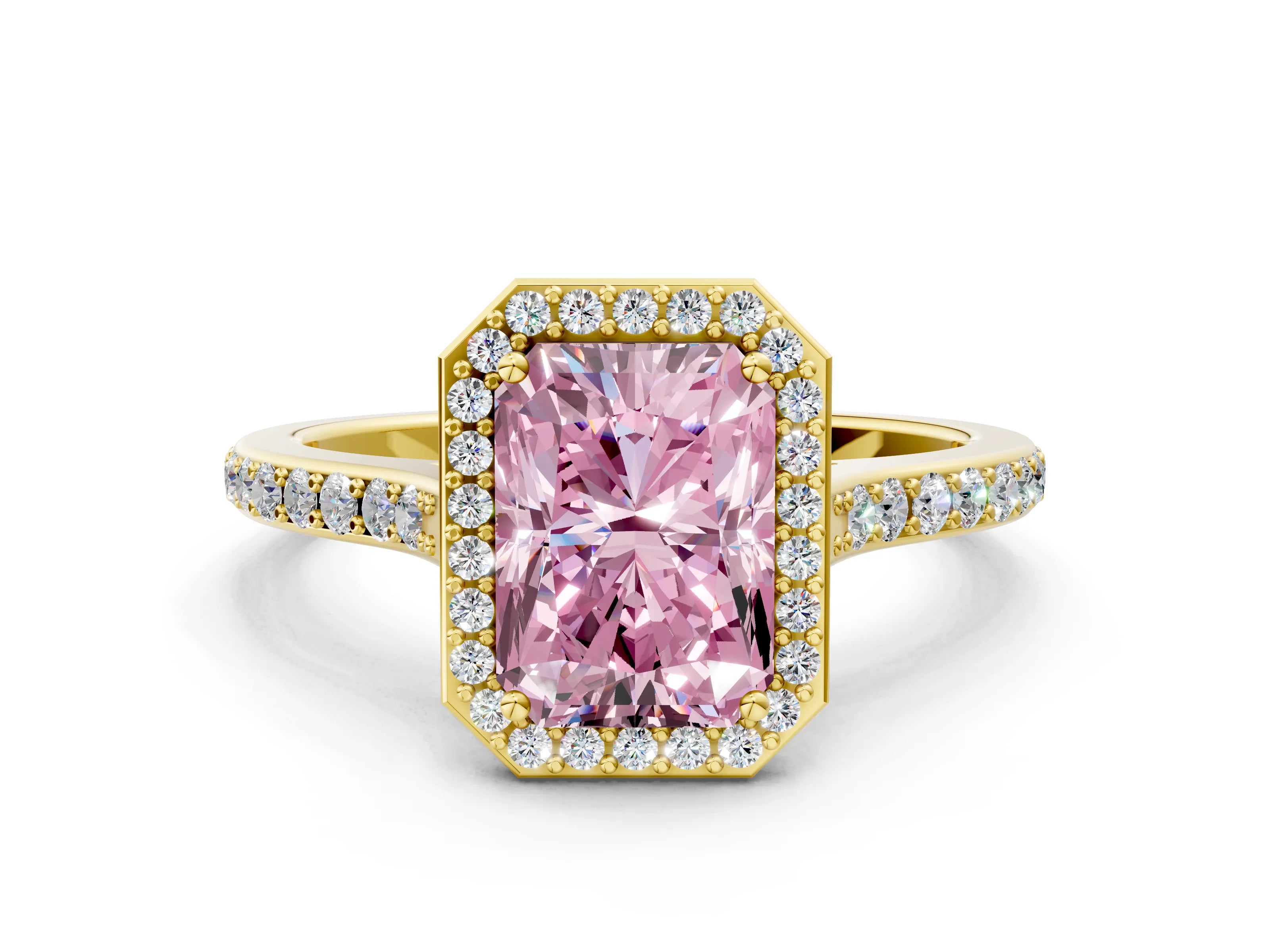 Yellow gold Fancy Pink Radiant Cut Halo Round Diamond Pavé Band with Four-Prong Setting_3